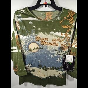Jane Ashley PM Christmas Shirt 3/4 Sleeve Embellished Happy Holiday Santa Medium
